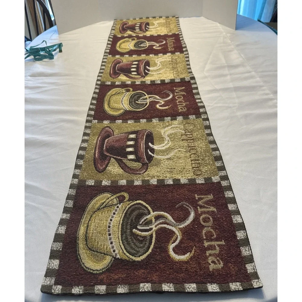 Coffee Tapestry Table‎ Runner Cafe Mocha Cup Cappuccino Cup Tan & Burgundy 52x12